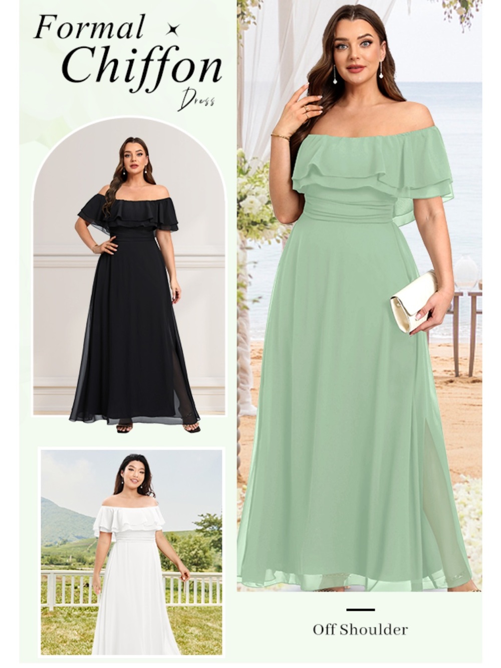 Off-Shoulder Formal Chiffon Dress - Sage Green